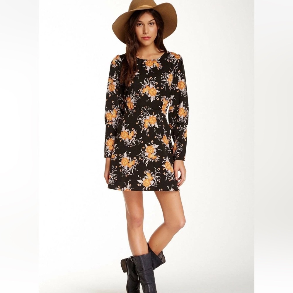 Free People Black and Orange Floral Long Sleeve Dress